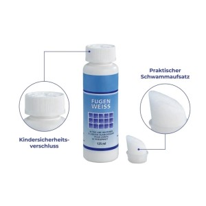 Westfalia Fugenweiß 125 ml Flasche mit blauem Etikett, Schwammaufsatz und Kindersicherung für Fliesen.