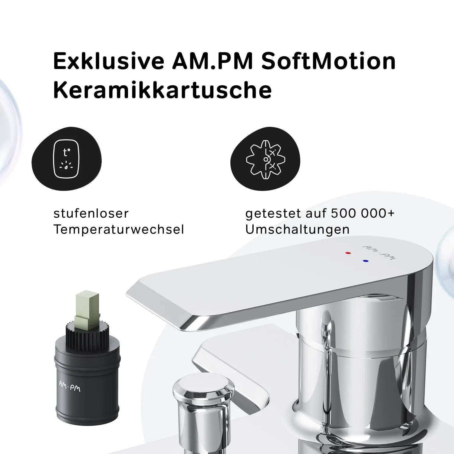 AM.PM Wannenarmatur Flash Aufputz Chrom mit Keramikkartusche und Hinweisen zu Funktionen.