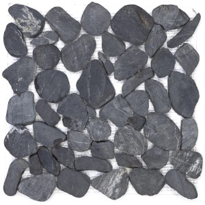 Mosaikmatte mit flachen, matten, schwarzen Flusskieseln, 30x30 cm.