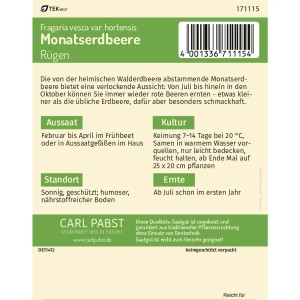 Pabst Keimkraft Monatserdbeere Rügen Saatgut Packung mit Infos zu Aussaat, Standort und Ernte.