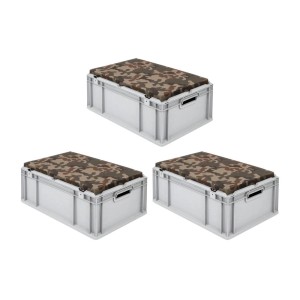 SparSet: 3 graue Euroboxen mit Camouflage-Sitzkissen, 44 Liter, offene Griffe. Ideal als Sitz- und Transportbox.