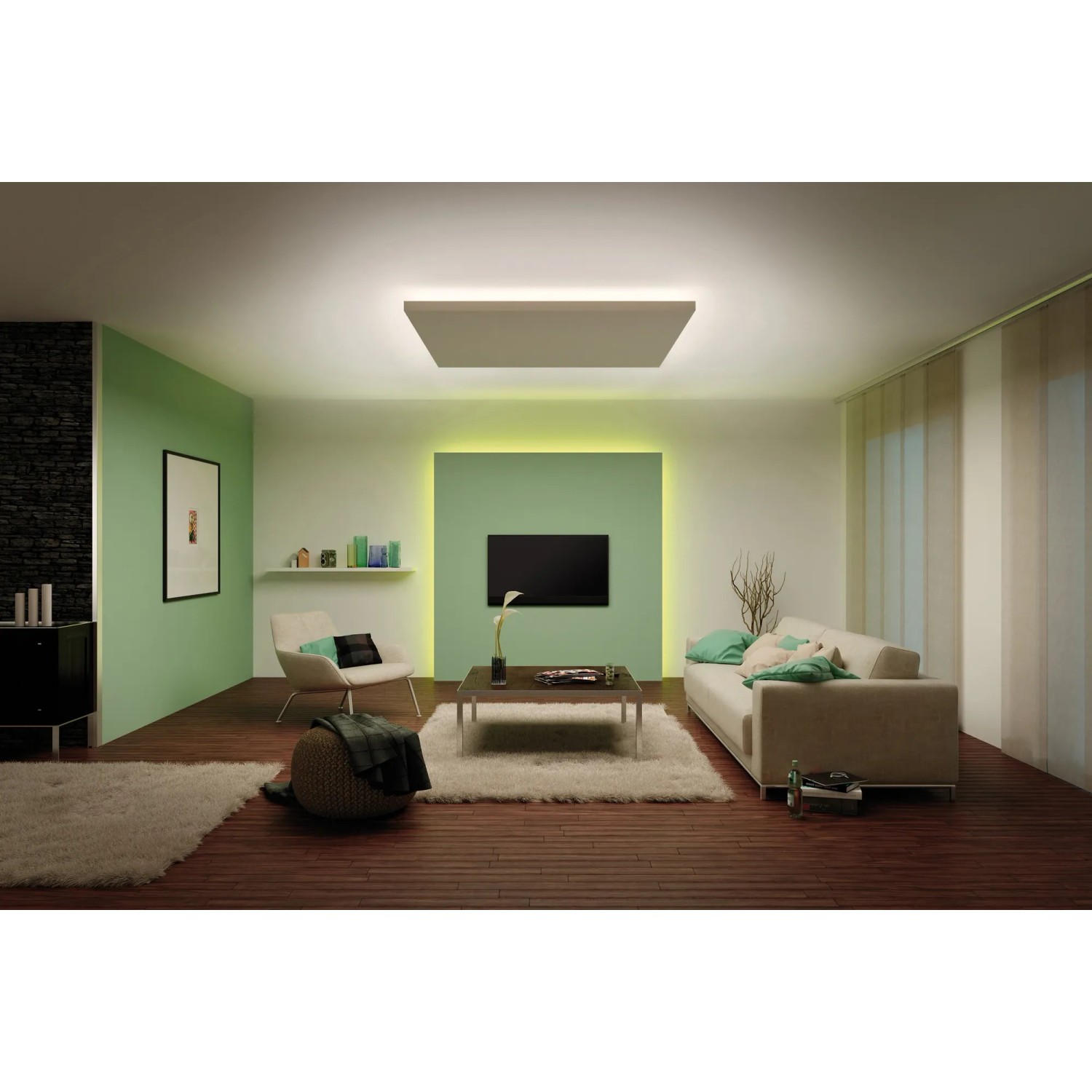 Wohnzimmer mit indirekter Beleuchtung durch Paulmann LED-Strip MaxLED, warmweiß.