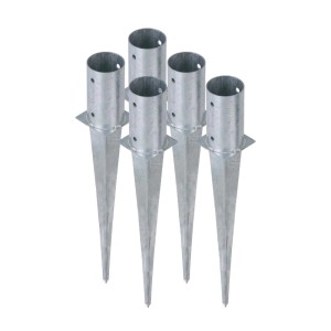 5 HOLLMAX Einschlaghülsen, silber verzinkt, für 81mm Rundpfosten. Robuste Bodenhülsen mit Bohrlöchern zur Pfostenbefestigung.
