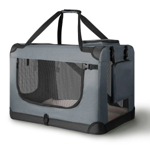Faltbare, dunkelgraue Hundetransportbox Lassie Größe S mit Tragegriffen und Netzfenster.