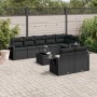 Schwarze 9-teilige Garten-Sofagarnitur aus Rattan mit Kissen und Tisch für Terrasse oder Garten.