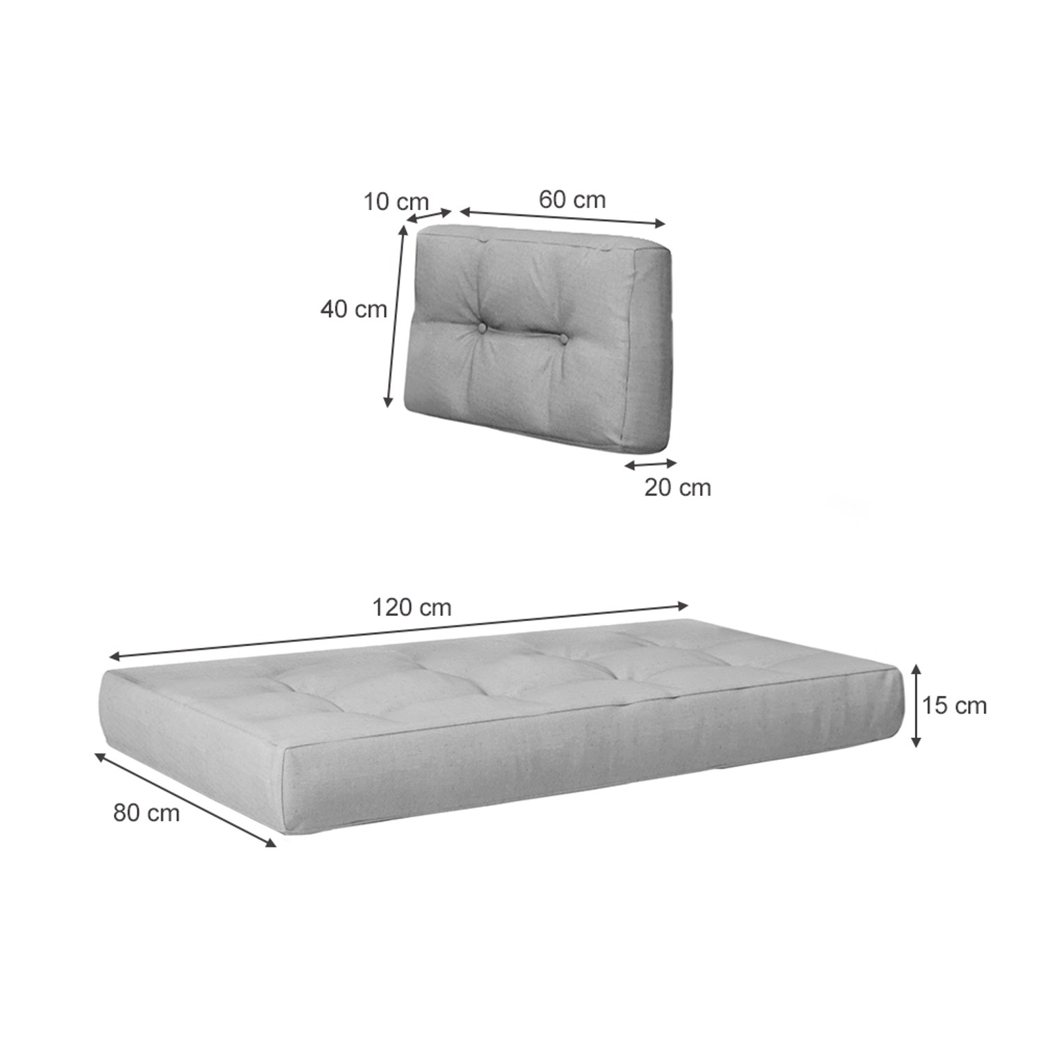 Vicco Palettenkissen Set Grau, 2-teilig: Sitzkissen und Rückenkissen mit Maßangaben.