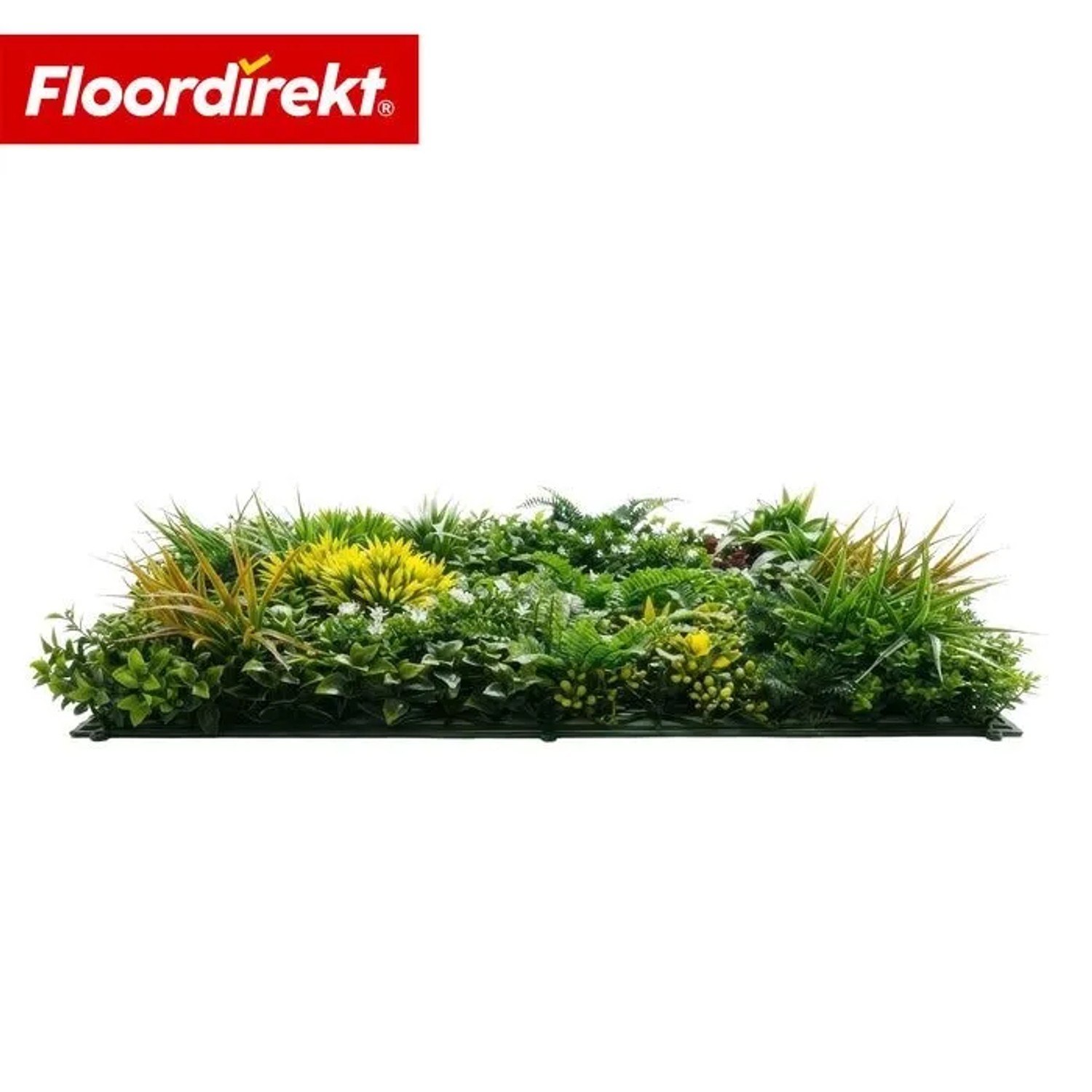 Kunstpflanzen-Panel Spring Garden, 100x100 cm, mit realistischen grünen Blättern und gelben Akzenten.