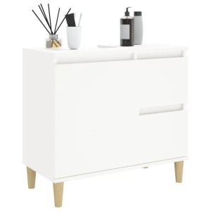 Weißer vidaXL Badschrank (65x33x60 cm) aus Holzwerkstoff mit zwei Schubladen und Holzfüßen.