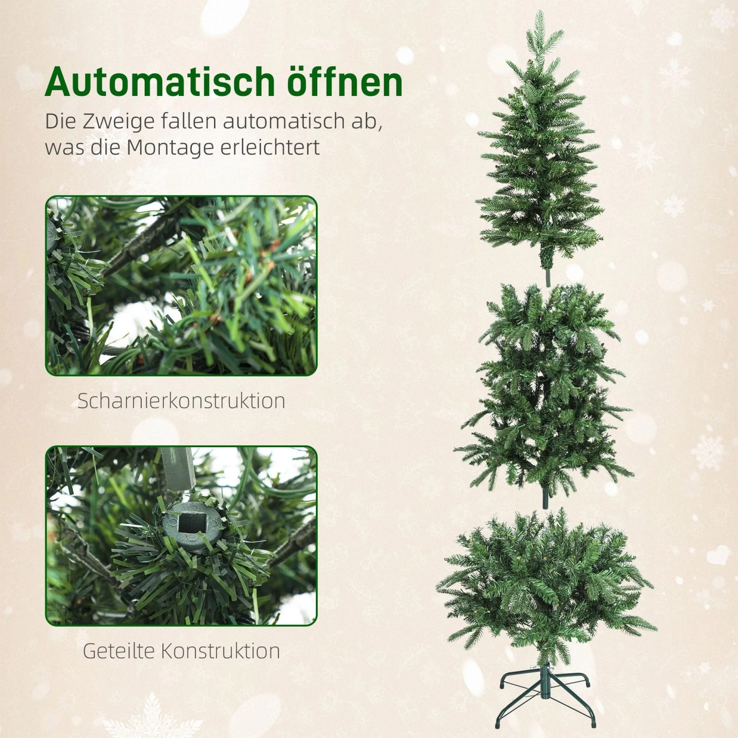 Künstlicher Weihnachtsbaum mit klappbaren Ästen und Segmentdesign, zeigt einfachen Aufbau und stabilen Metallfuß.
