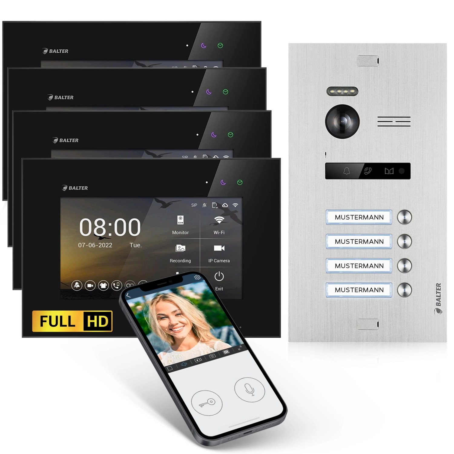 Balter EVO-HD Video-Türsprechanlage mit App für Vierfamilienhaus mit 4x 7 Zoll Monitor Silber-Schwarz