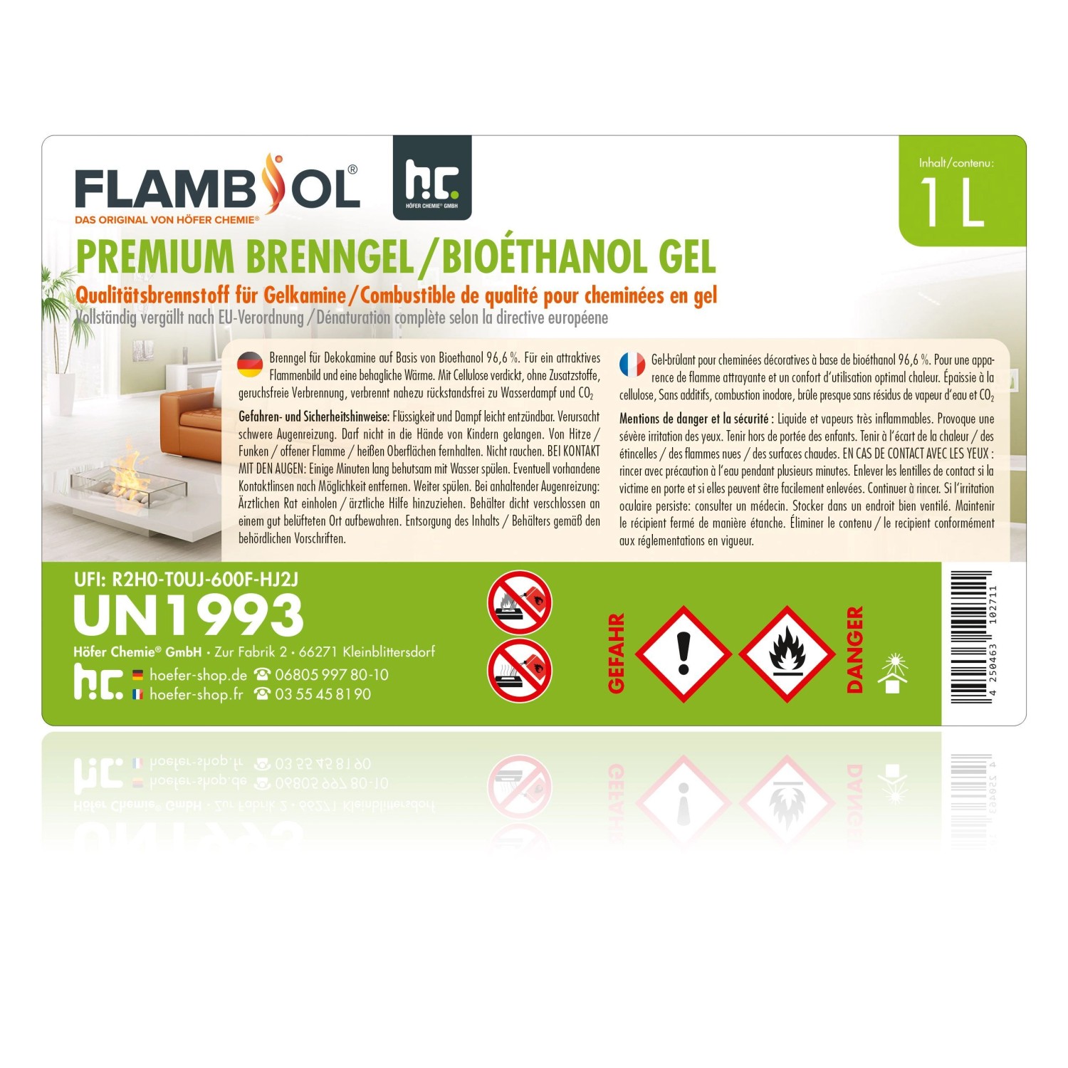 Flambiol Premium Brenngel 1l für Kamine und Stövchen. Brennstoff auf Bioethanol Basis.