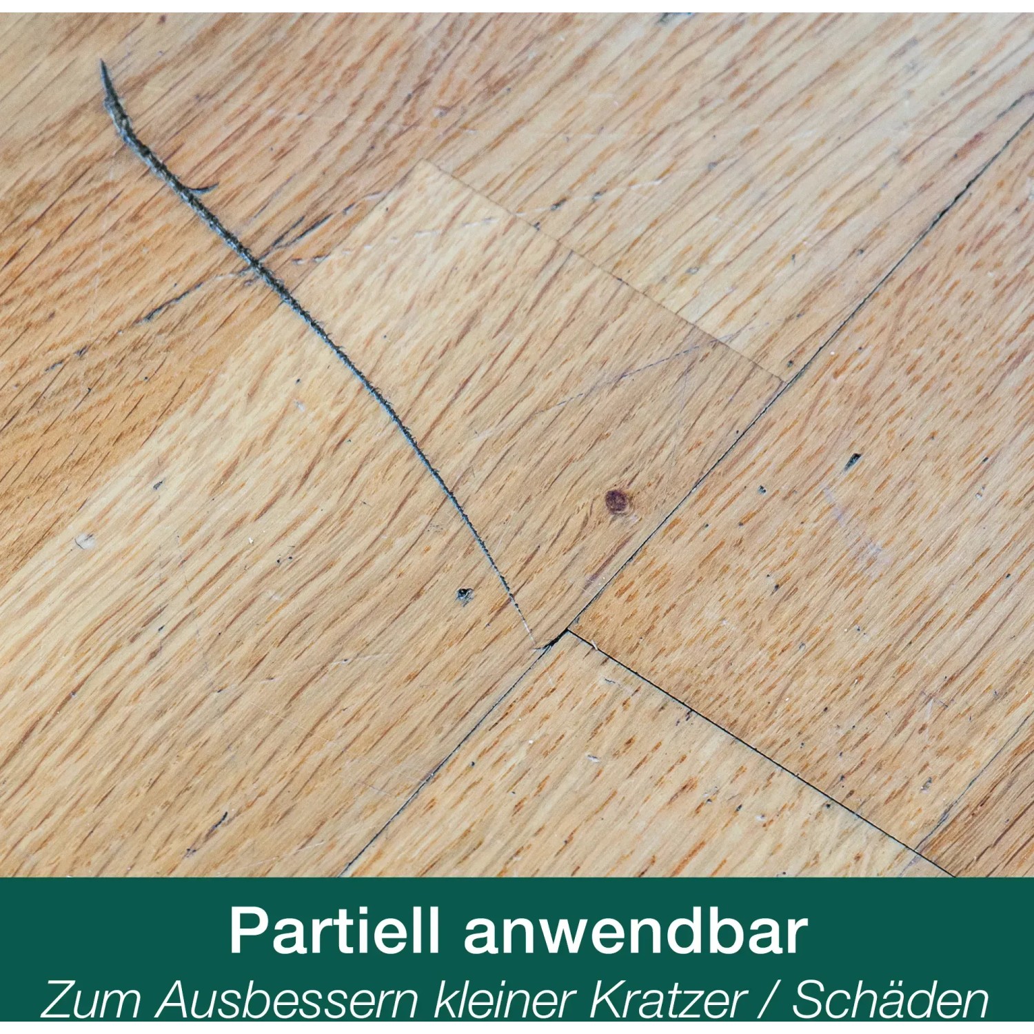 Geölter Parkettboden mit Kratzern, behandelt mit Bona Parkettpflegeöl Neutral.