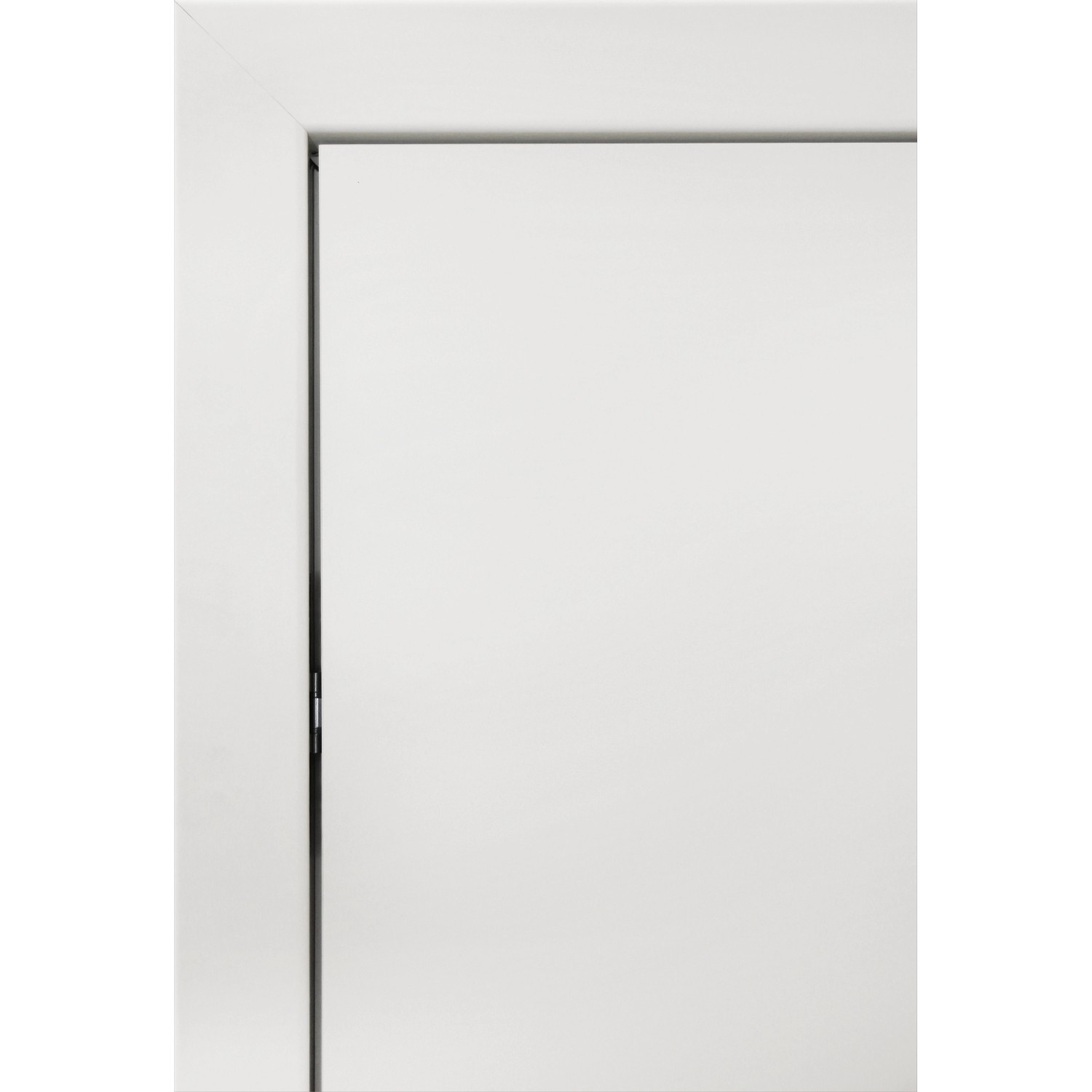 Detailaufnahme einer weißen, stumpfen Türzarge (Rechtsanschlag) ähnl. RAL 9016.