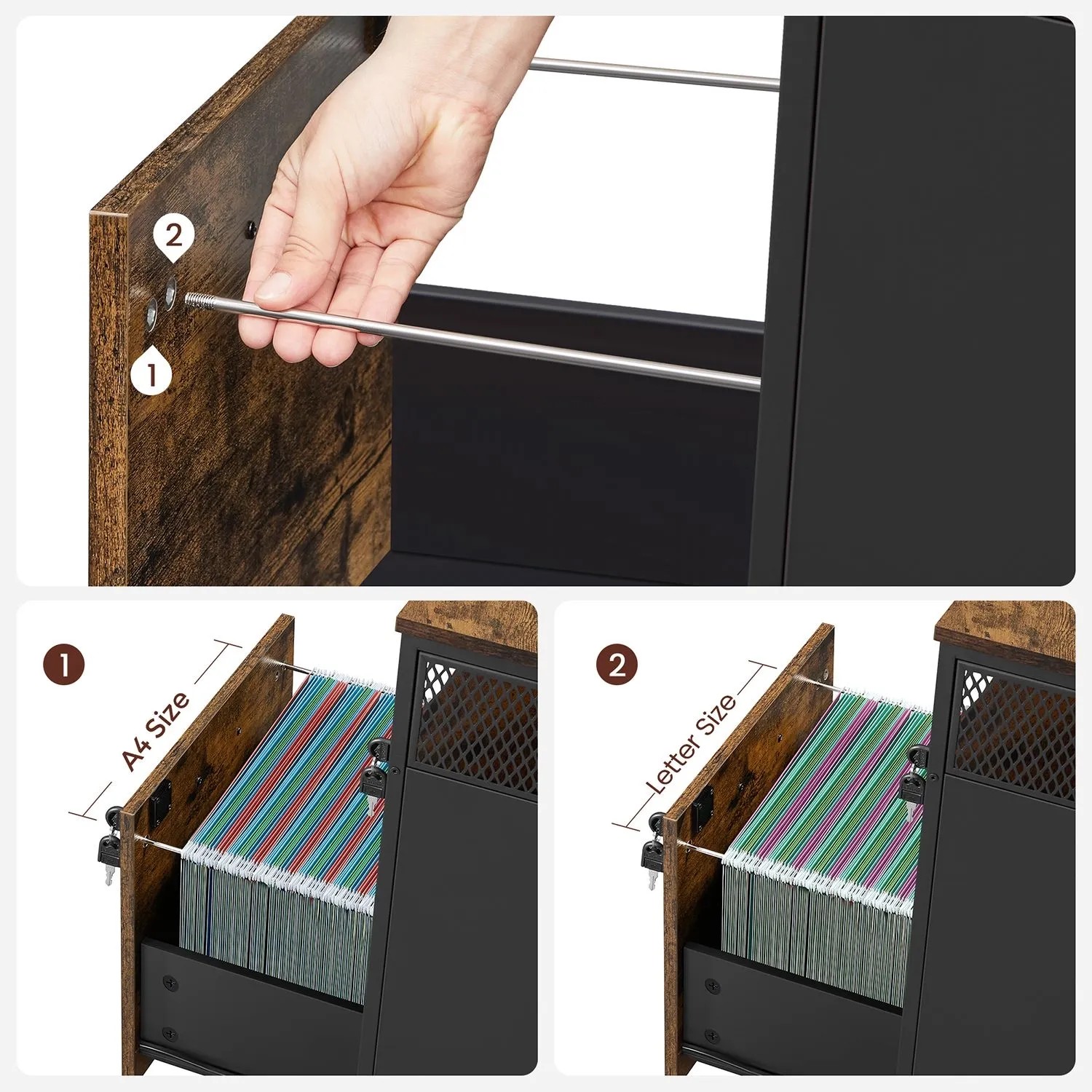 Vasagle Büroschrank im Industriestil, braun-schwarz, mit Schubladen für A4- und Letter-Format.