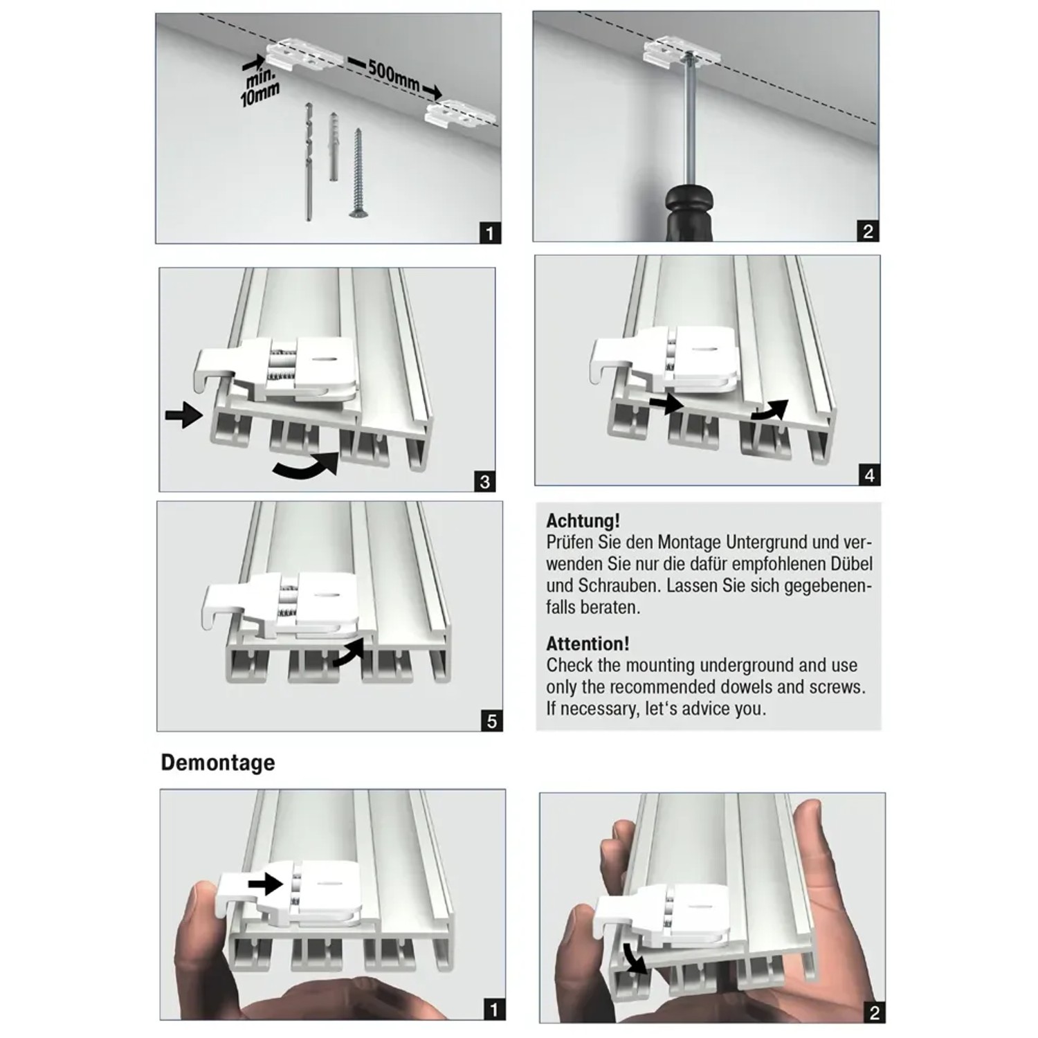 Montageanleitung: Gardinia Deckenclip für 3-läufige Flächenvorhangschiene, 2er-Pack, Weiß.