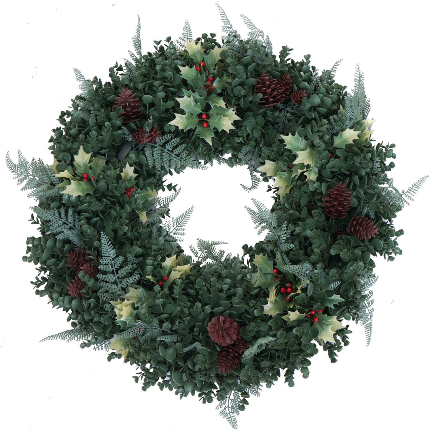 Künstlicher Weihnachtskranz Ø 60cm mit grünen Blättern, roten Beeren, Zapfen und hellen Farnwedeln.