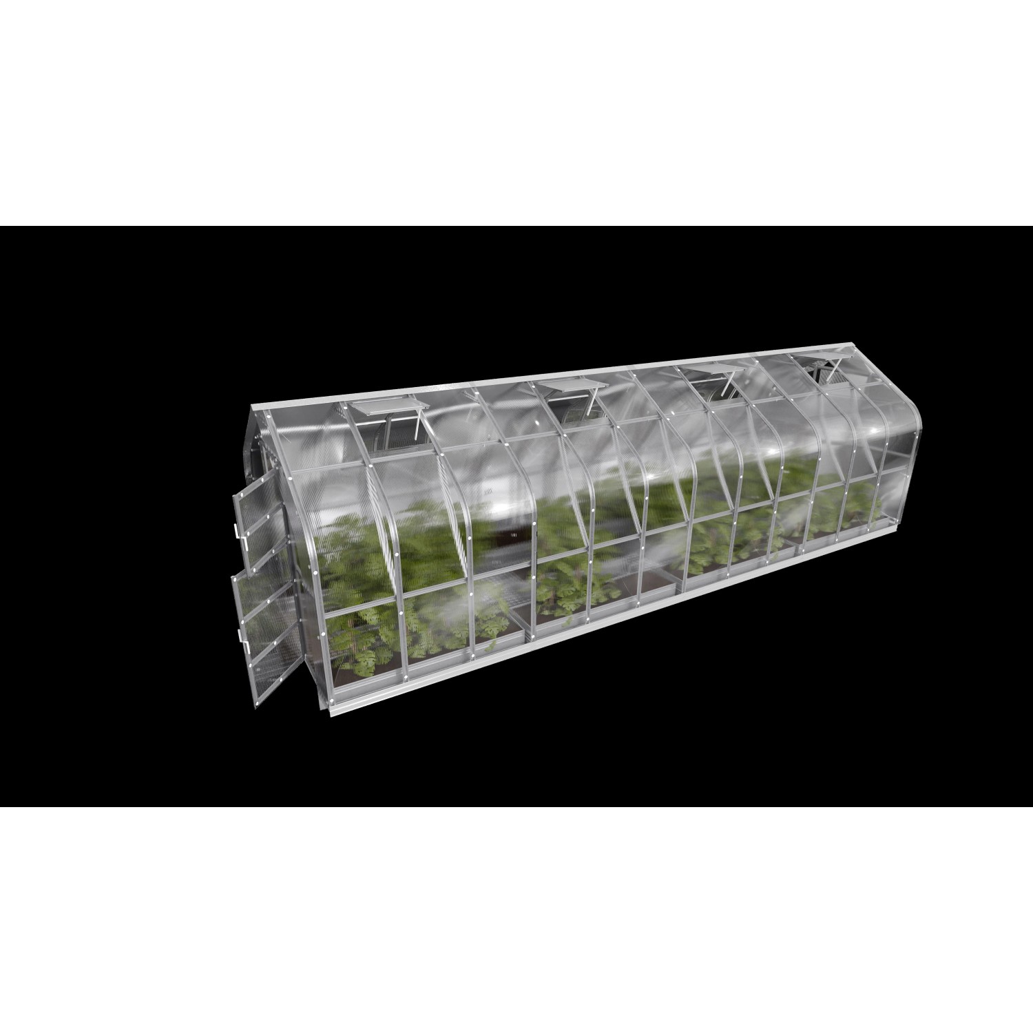 Klasika Gewächshaus 20m² mit Polycarbonatabdeckung und Dachfenstern.