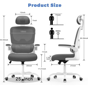 Maße des Rattantree ergonomischen Bürostuhls weiß/dunkelgrau. Zeigt Kopfstütze, klappbare Armlehnen und Rollen.