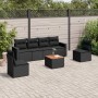 Schwarze 7-tlg. vidaXL Garten-Sofagarnitur aus Polyrattan mit Kissen und Tisch.