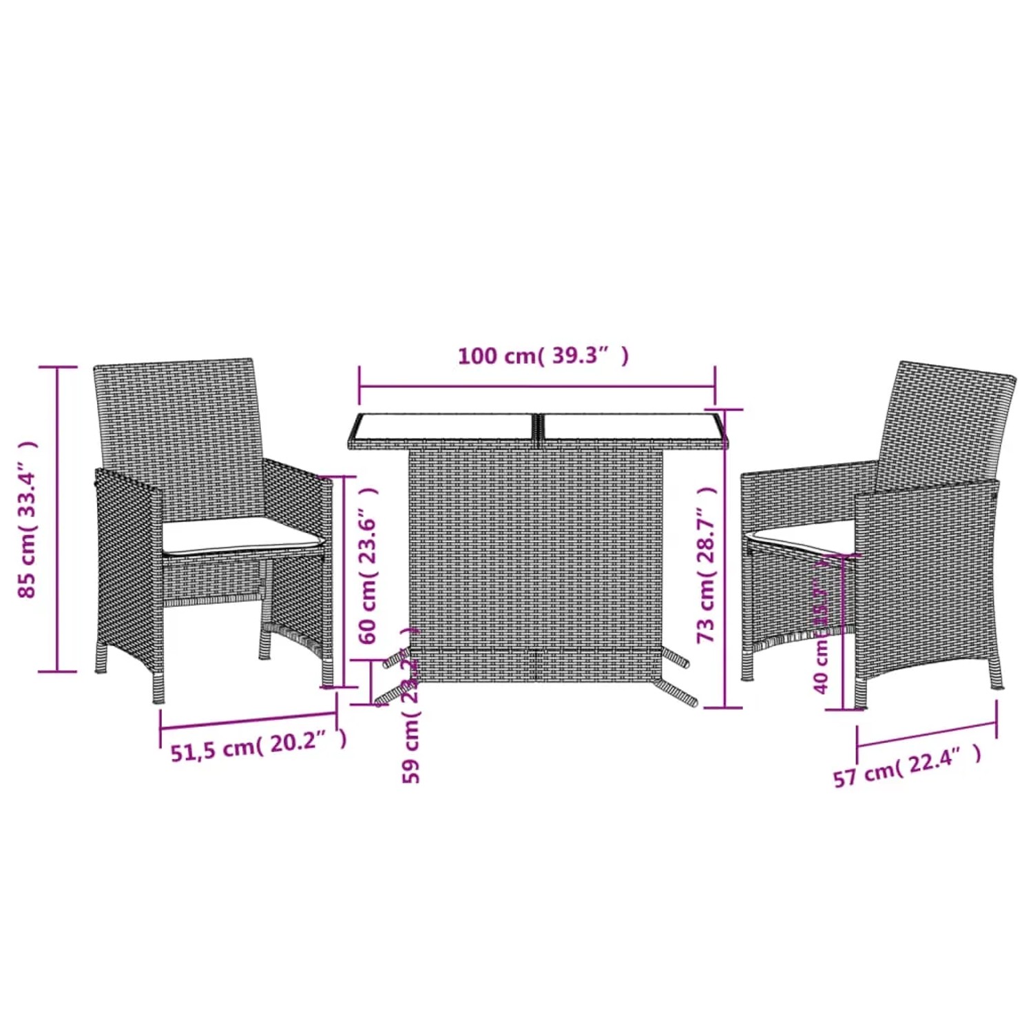 Beiges 3-tlg. vidaXL Bistro-Set aus Polyrattan mit Tisch, 2 Stühlen und Kissen. Gartenmöbel für Balkon und Terrasse.