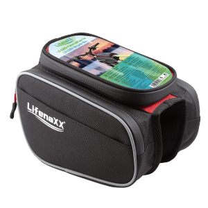 Lifenaxx LX-029 Fahrradtasche: Schwarze Rahmentasche mit Smartphone-Fach, ca. 3L Volumen.