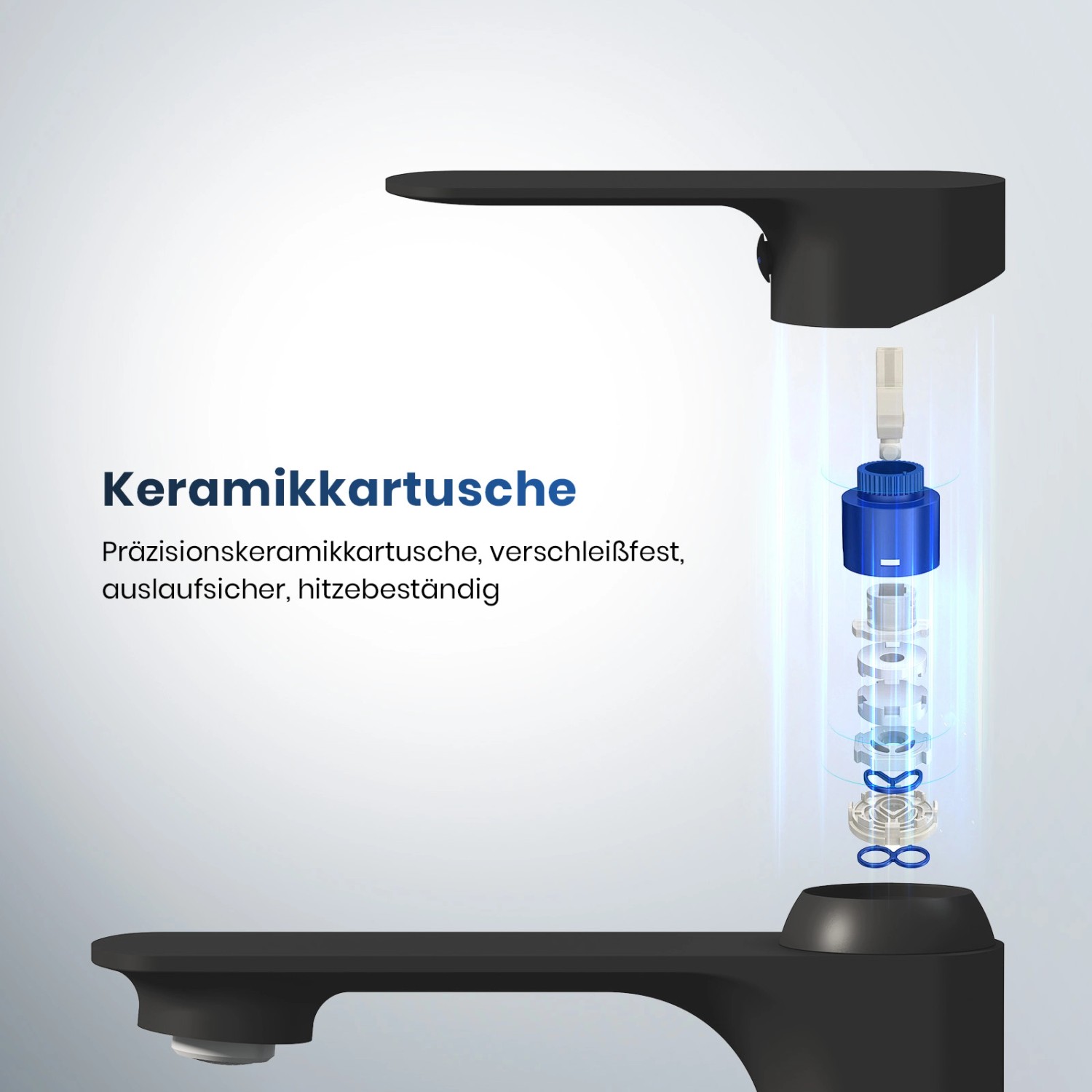 Emke Waschtischarmatur Schwarz Matt: Detailaufnahme der Keramikkartusche.