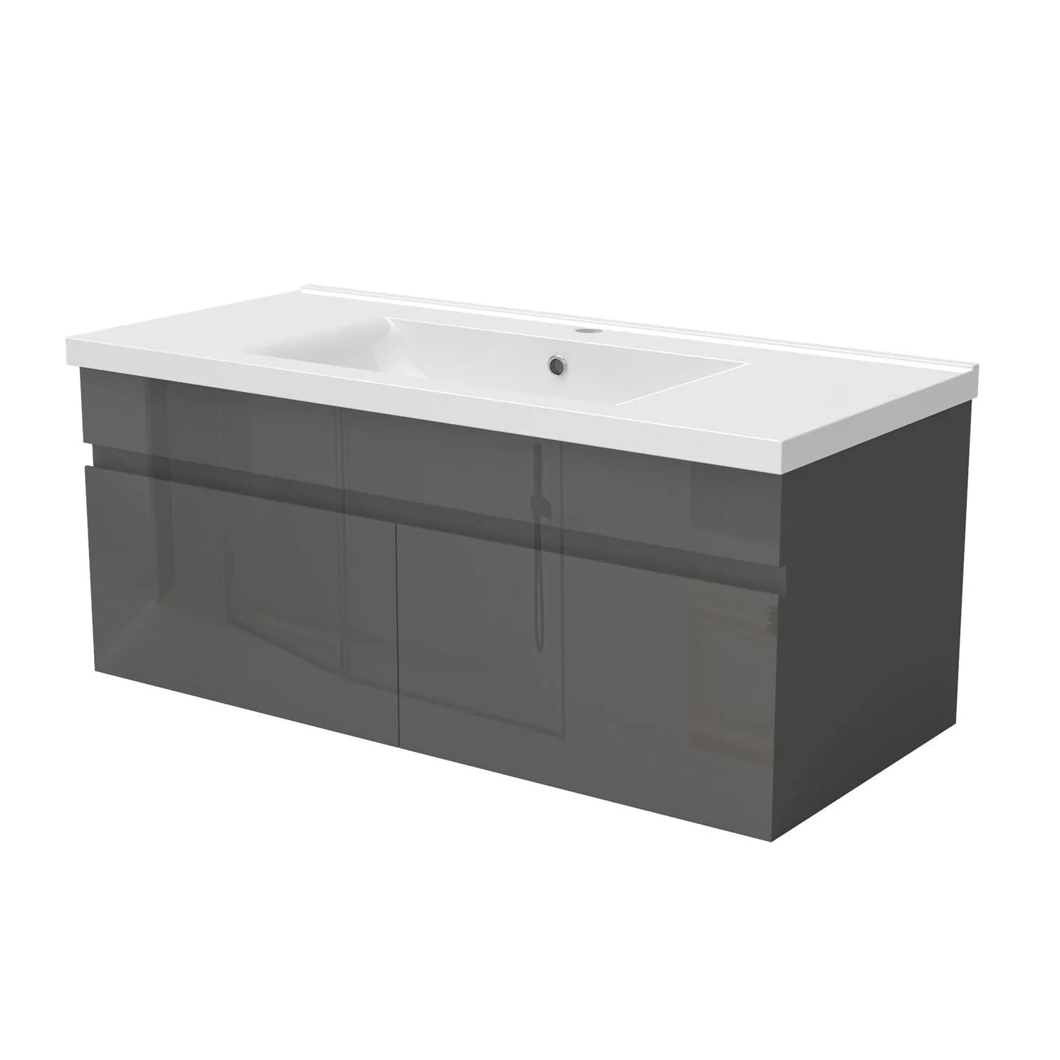AICA Badmöbel BERGEN 100 cm Keramik Waschtisch mit Unterschrank Hochglanz Anthrazit Grifflos Softclose Türen 2 tlg.