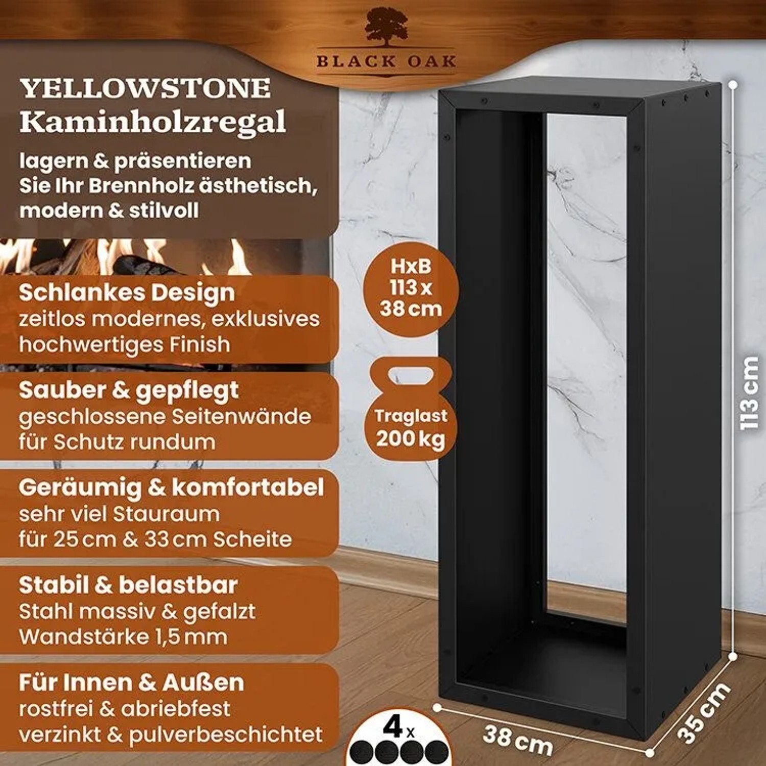 Schwarzes BLACK OAK Kaminholzregal YELLOWSTONE aus pulverbeschichtetem Stahl für den Innenbereich.