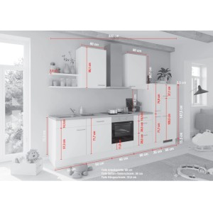 Moderne Impuls Küchenzeile 330 cm, Grafit Hochglanz, mit E-Geräten, Soft-Close und Maßangaben. Vormontiert.