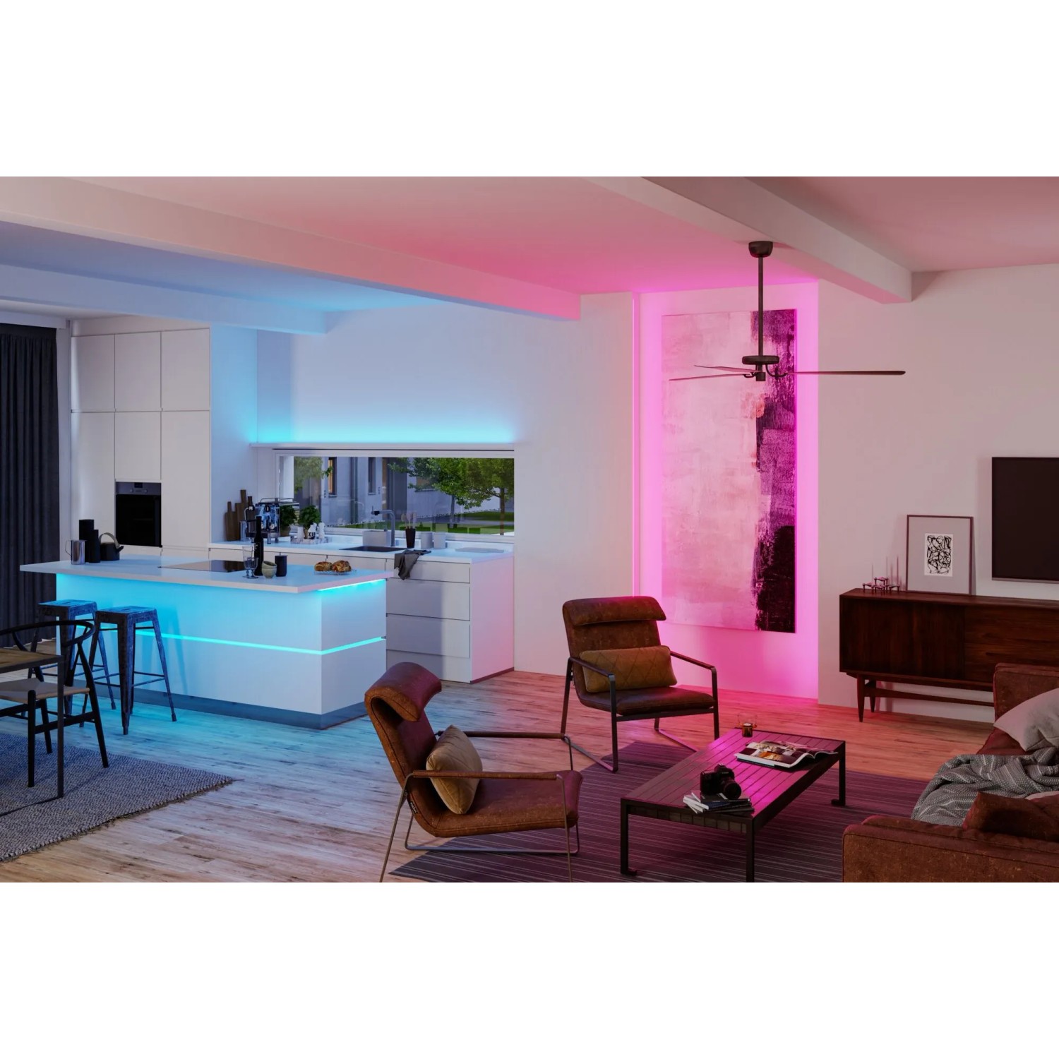 Paulmann MaxLED-Streifen in Blau und Pink beleuchten modernes Wohnzimmer und Küche. Flexible RGBW LED-Beleuchtung für Ecken und kreative Gestaltung.