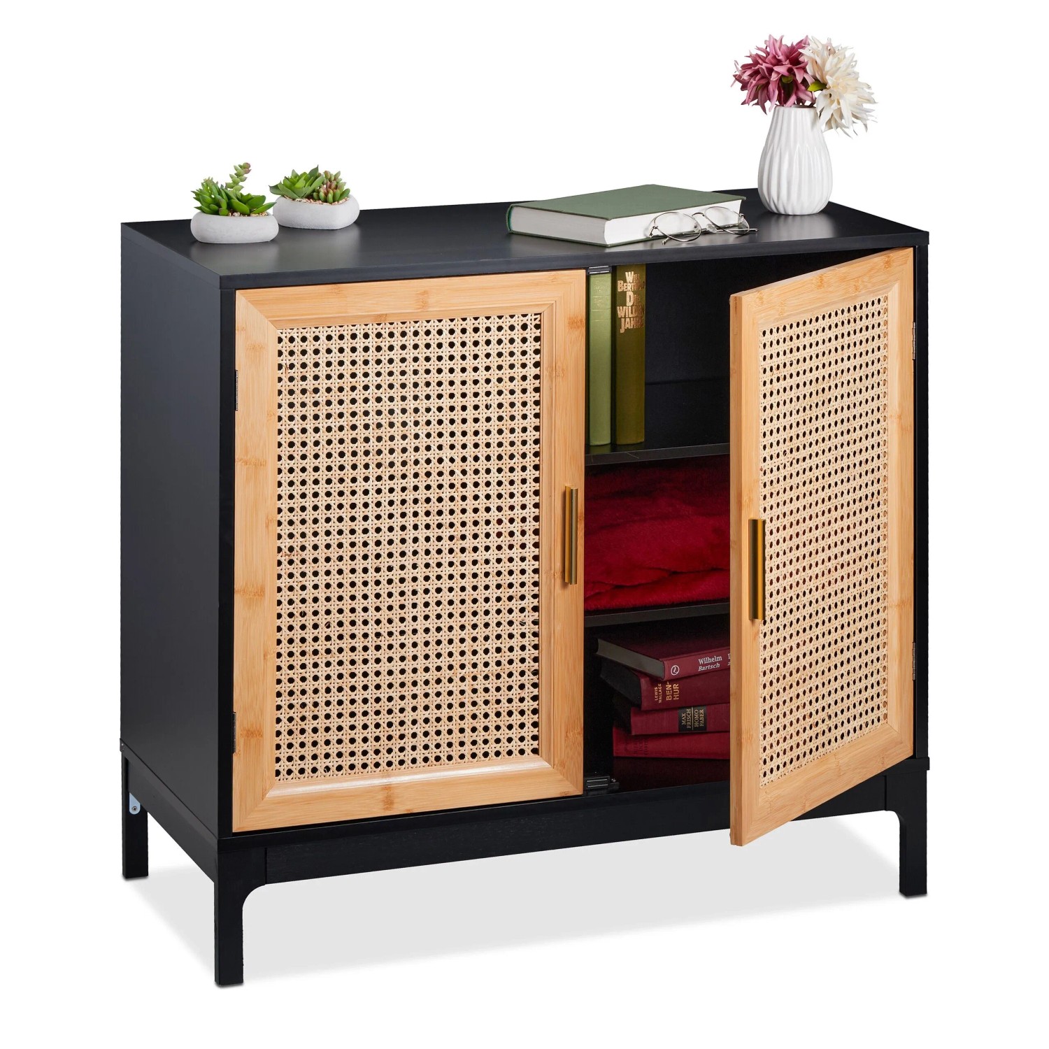 Relaxdays Sideboard MDF Bambus Rattan Schwarz Natur Gold Mit 2 Türen Magnetverschluss 76 cm x 80 cm x 39 cm 20,7 kg
