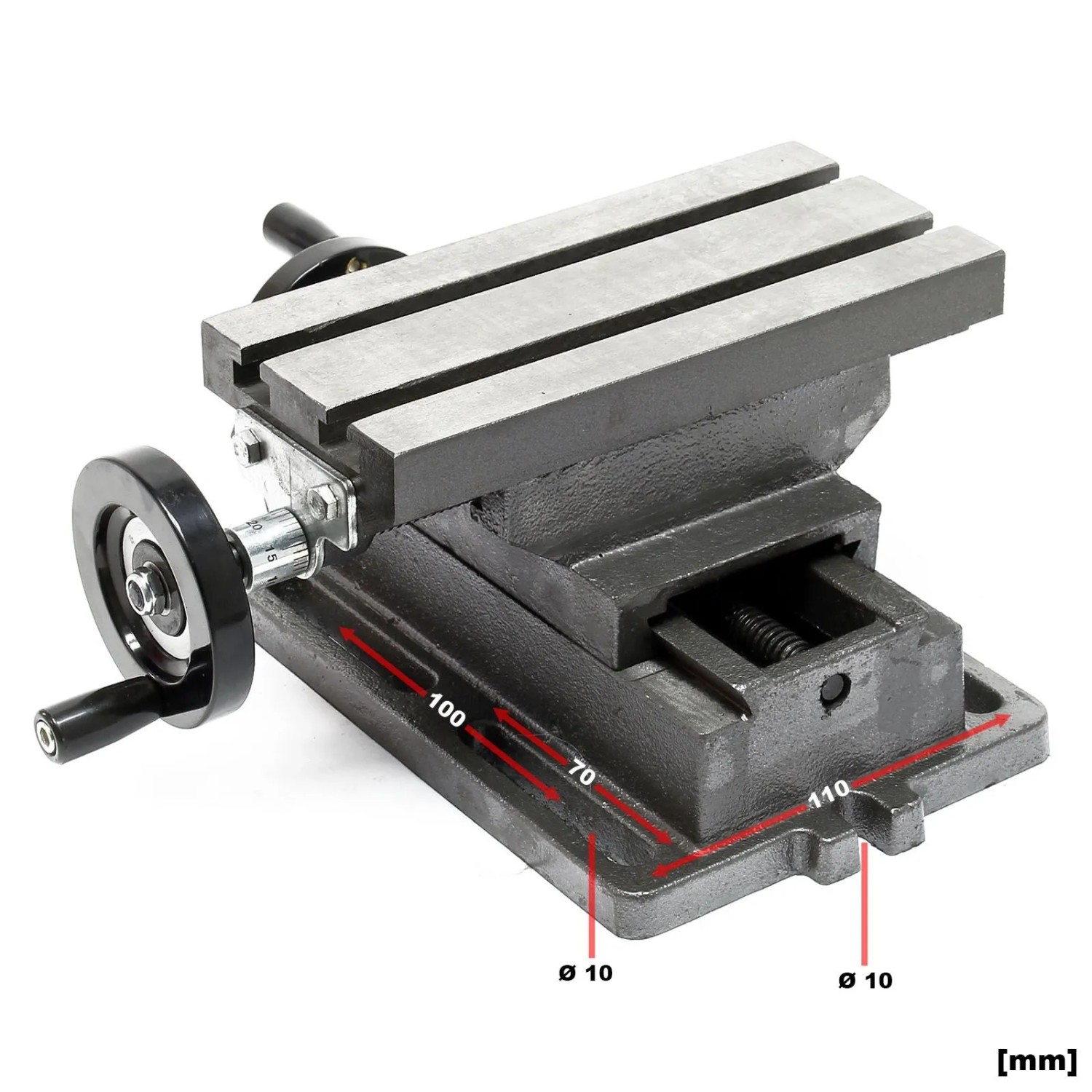 Robuster Wiltec 2-Achsen Kreuztisch aus Gusseisen für präzise Bohr- und Fräsarbeiten. Mit Handrädern und T-Nuten.