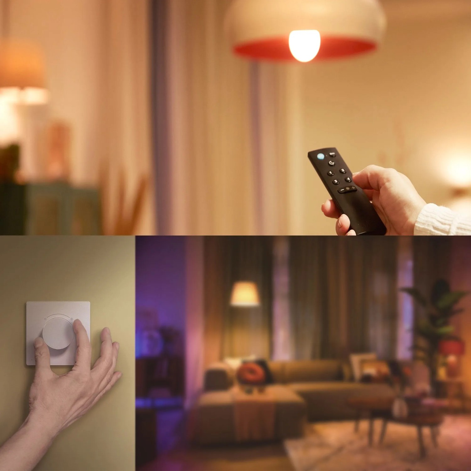 Philips Smart Steckdose Matter: Fernsteuerung von Beleuchtung mit Dimmer, farbige Lichter im Wohnzimmer.