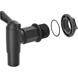 Schwarzer Waterform Wasserhahn für Regentonnen mit Dichtung und Anschlussstück.