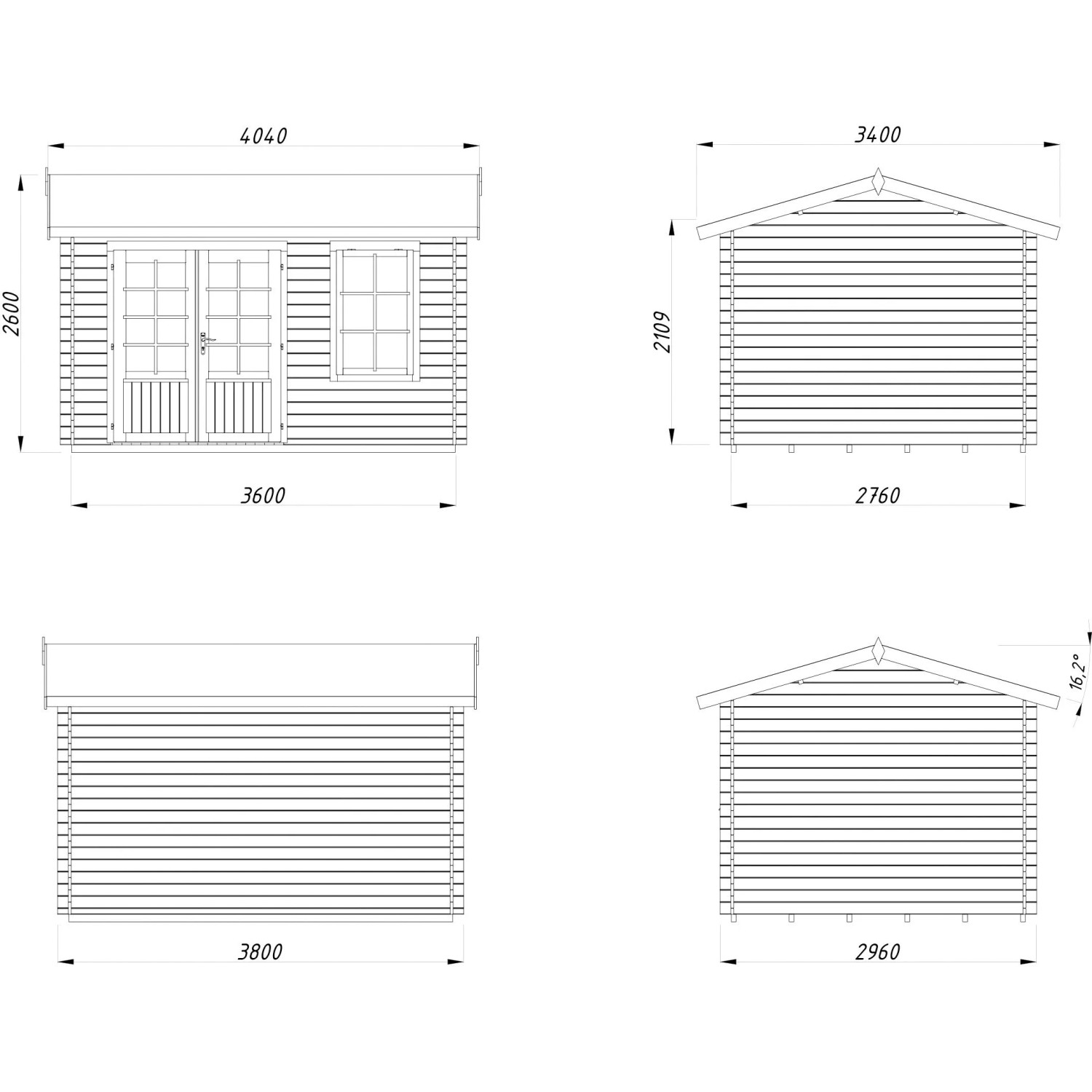 Technische Zeichnung: Palmako Gartenhaus Iris, 360x276 cm, grau-anthrazit, mit Maßen.