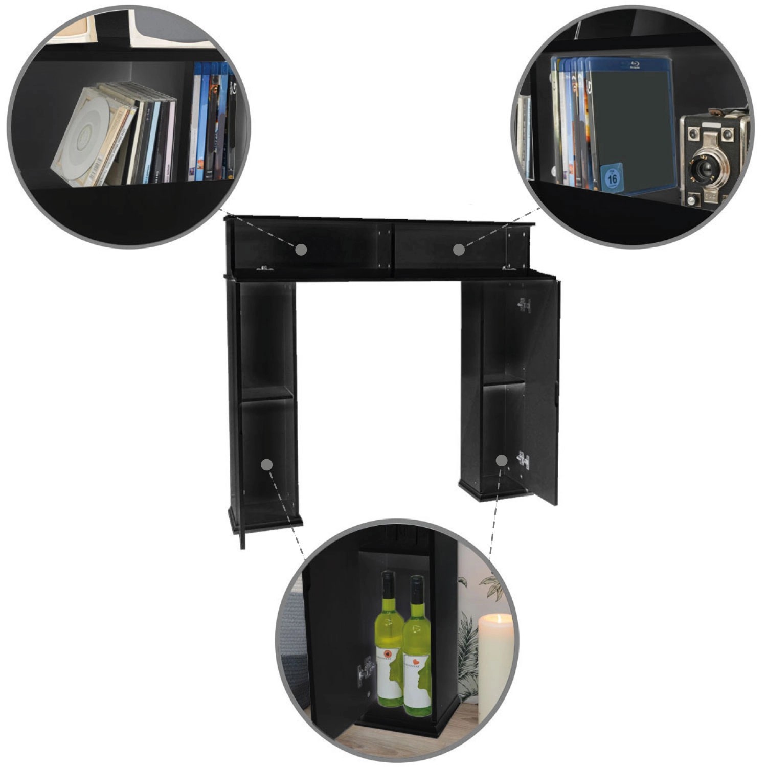 Schwarze DuneDesign Kaminkonsole mit Stauraum, Teil der Wohnzimmerschränke, mit Fächern für Deko.