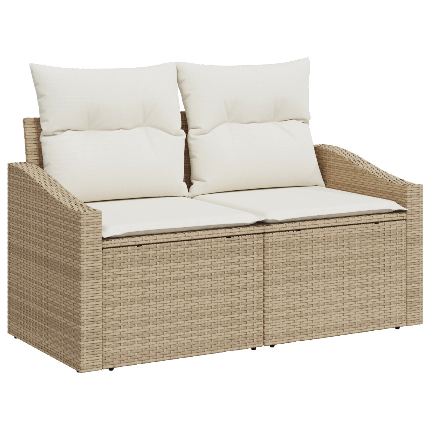 Beige 2-Sitzer Garten-Sofagarnitur aus Rattan mit weißen Kissen.