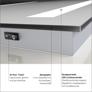 Detailaufnahme DSK Design LED-Lichtspiegel Silver Dream (80x60 cm) mit An-Aus-Schalter und sandgestrahlten Lichtausschnitten.