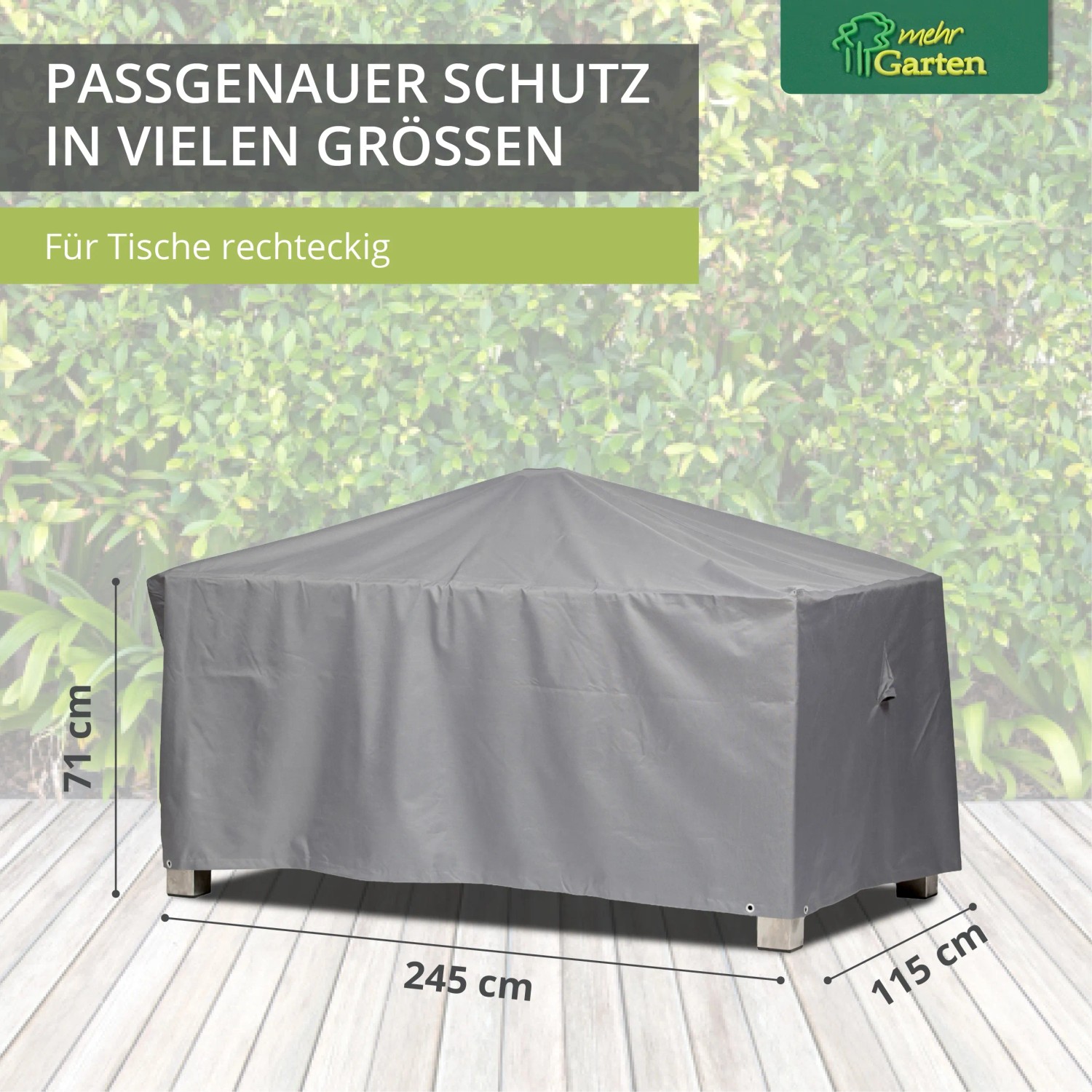 Graue Schutzhülle für rechteckigen Gartentisch, 245x115x71 cm, von Mehr Garten.
