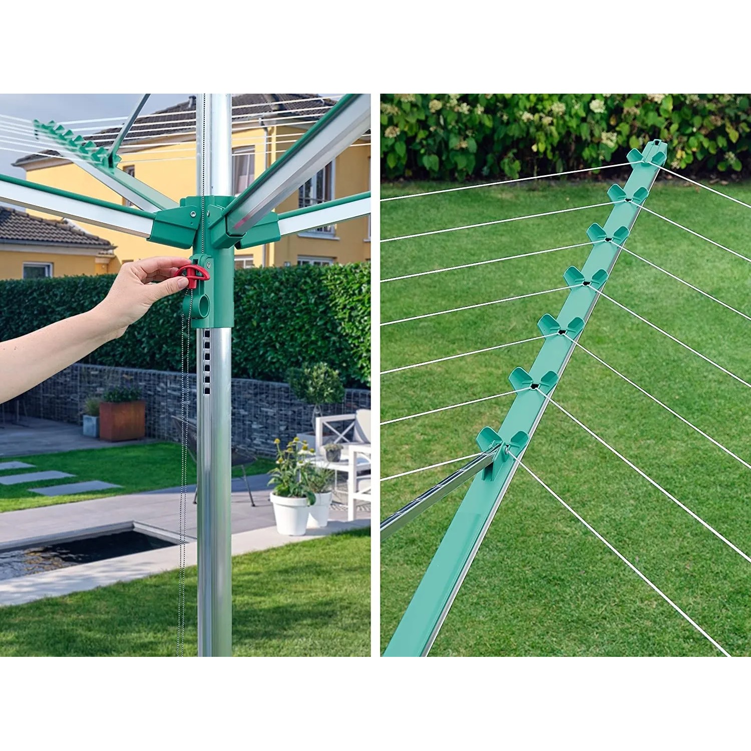 Leifheit Wäschespinne Linomatic V 40m: Höhenverstellbarer Wäscheständer mit Leinenautomatik im Garten.