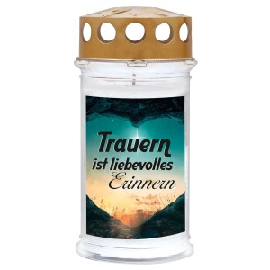 Motiv-Grablicht mit der Aufschrift 'Trauern ist liebevolles Erinnern', Brenndauer 5 Tage.