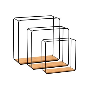 BERLINLODGE Wandregal Metall/Bambus 3er Set Schweberegal 3-Teiliges Hängeregal Würfelregal Schrankregal Wanddeko Und Ablage Schwarz/Holz