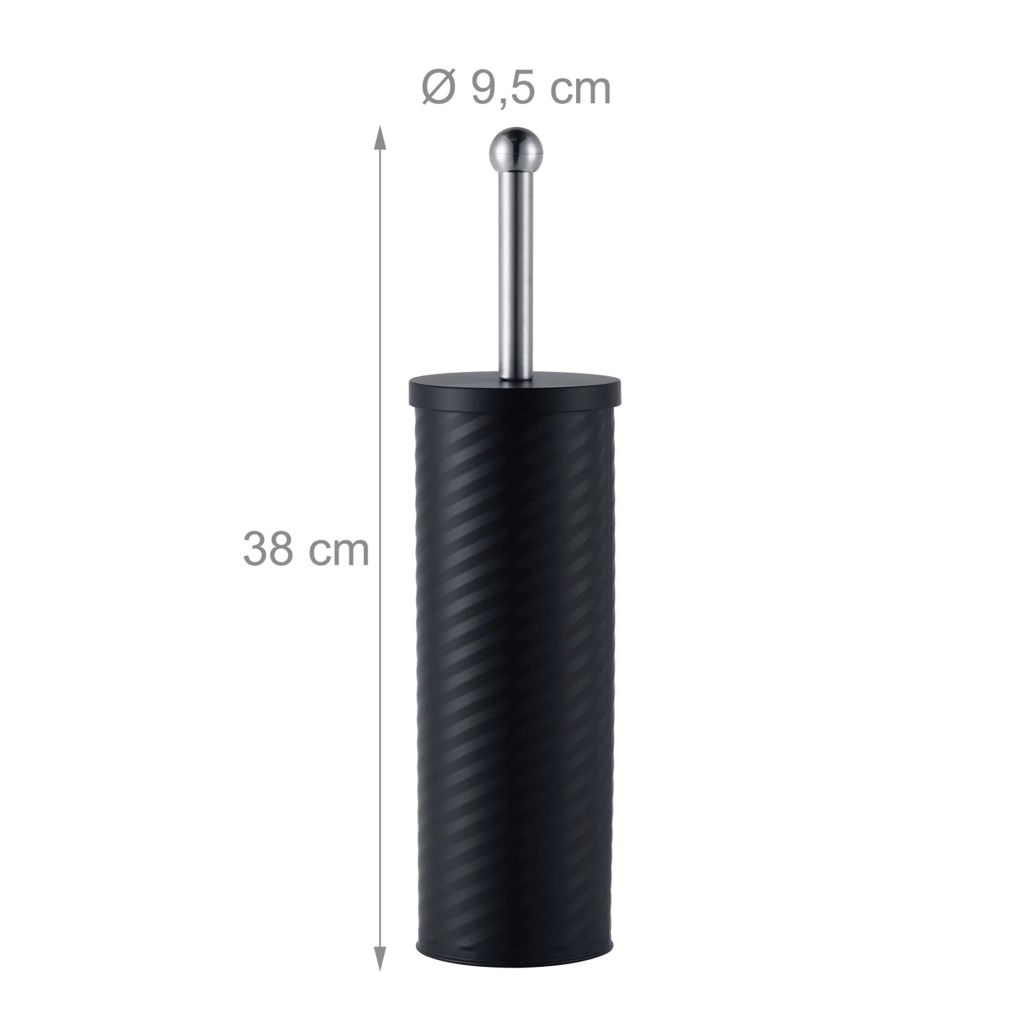 Schwarze WC-Bürstengarnitur aus Metall mit silbernem Griff, 38 cm hoch, für Bad und Gäste-WC.