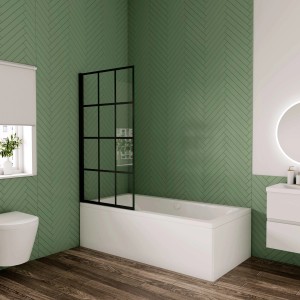 AICA Badewannenfaltwand 80cm, kariert schwarz, 4mm ESG Glas, Höhe 140cm.