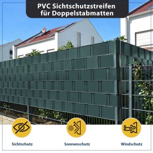 Grüne Sekey PVC Sichtschutzstreifen an Doppelstabmatten für mehr Privatsphäre im Garten.