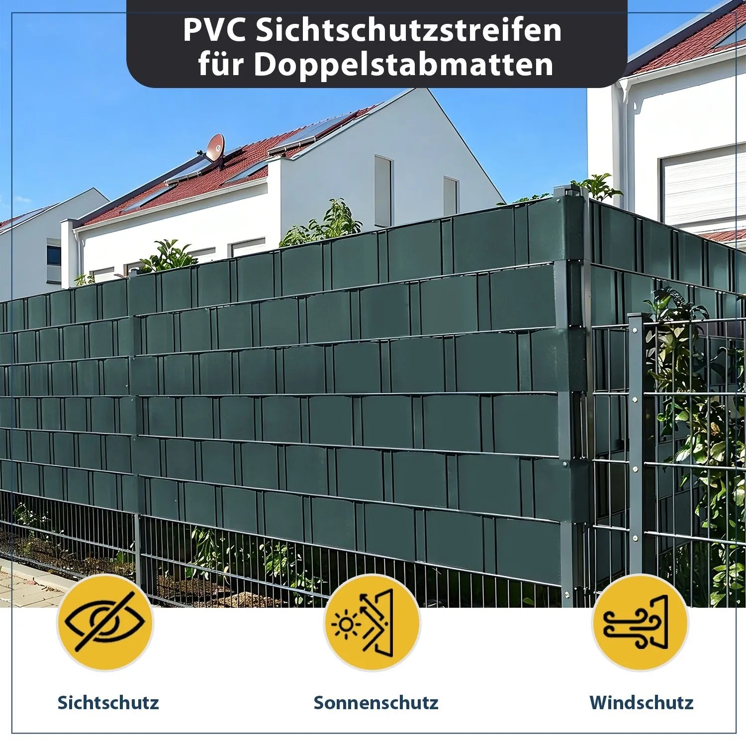 Grüne Sekey PVC Sichtschutzstreifen an Doppelstabmatten für mehr Privatsphäre im Garten.
