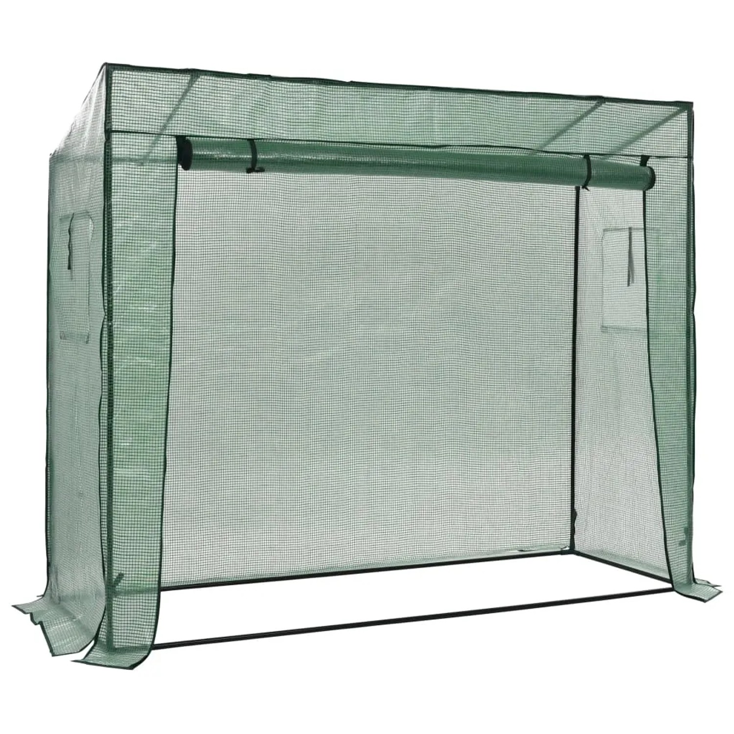 Begehbares, grünes furnicato Gewächshaus mit Rolltür und Fenster, 200x80x173 cm.