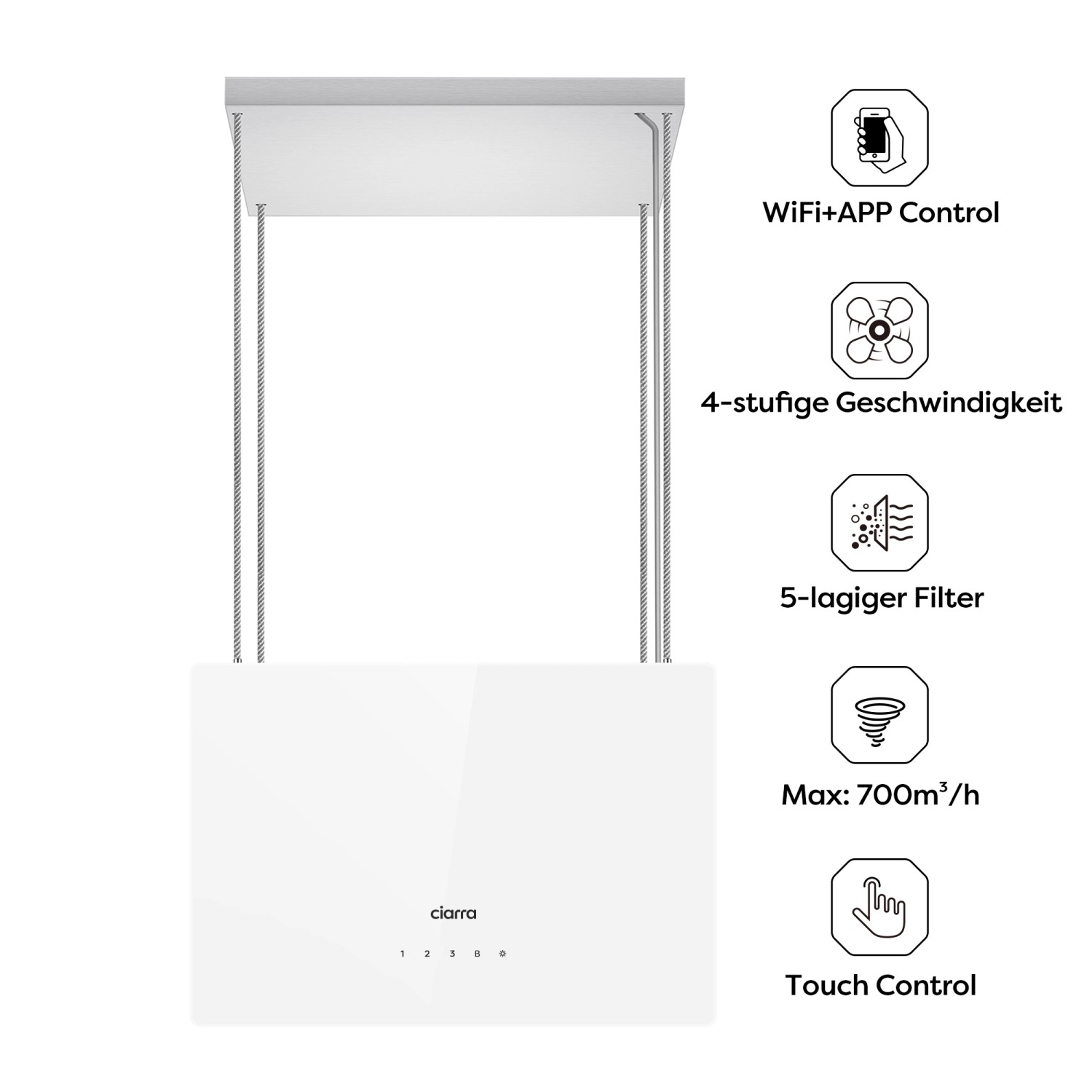 Weiße CIARRA Insel Dunstabzugshaube mit Touch-Bedienung, WIFI und hoher Saugleistung.