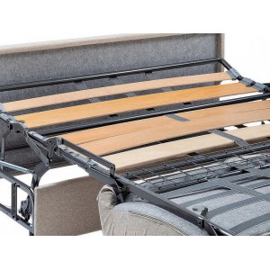 Schlafsofa Calito hellgrau: ausgeklappter Lattenrost und Metallgestell der Liegefläche.
