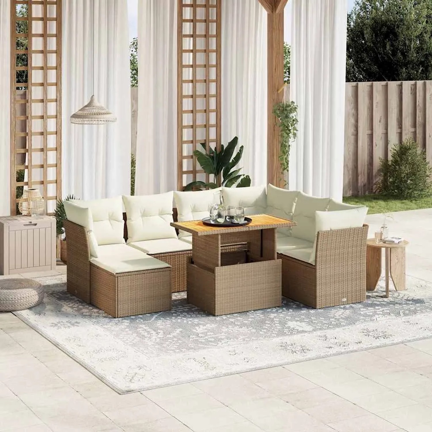 Beige 8-tlg. Garten-Sofagarnitur aus Polyrattan mit Tisch und Kissen für Terrasse und Garten.